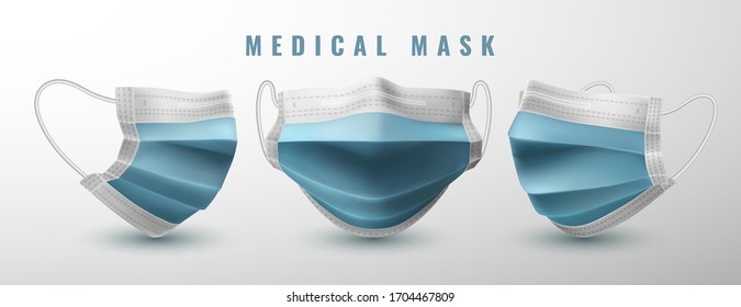 Máscara facial médica realista. Detalles de la máscara médica 3d. Ilustración vectorial.