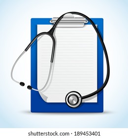 Realistic medical health service stethoscope and clipboard for notes emblem vector illustration