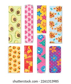 Realistic medical kid aid band plaster set of isolated images with various artworks on blank background vector illustration