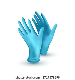 Realistic medical latex gloves. Details blue 3d medical gloves on white background. Vector illustration