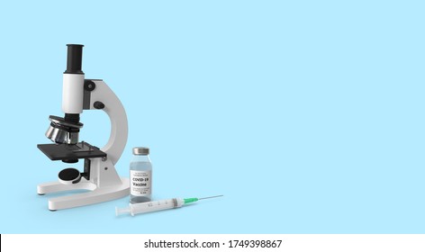 Realistic Medical Microscope, Disposable Syringe & Corona Virus Disease Vaccine. Details 3d Medical Equipment & Covid-19 Vaccine. Vector illustration.