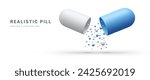 Realistic medical opened capsule pill with falling balls isolated on white background. Medical pills icon for hospital, pharmaceutical company or pharmacies. Vector Illustrations