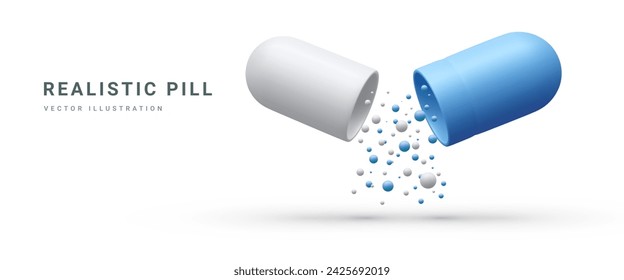 Realistic medical opened capsule pill with falling balls isolated on white background. Medical pills icon for hospital, pharmaceutical company or pharmacies. Vector Illustrations