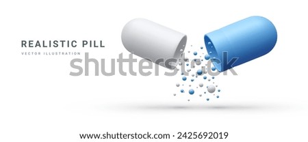 Realistic medical opened capsule pill with falling balls isolated on white background. Medical pills icon for hospital, pharmaceutical company or pharmacies. Vector Illustrations