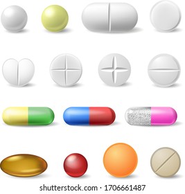 Realistic medical pills. Medicine healthcare vitamins and antibiotics capsule, pharmaceutical painkiller drugs isolated vector icons set. Antibiotic medical pharmaceutical, white pharmacy illustration