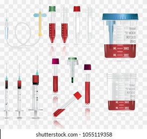 Realistic medical supplies. For blood collection set, for short term, laboratory test-tubes and syringes. Vector illustration on transparent background. 3d