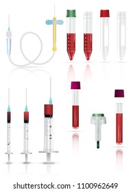 Realistic medical supplies. For blood collection set, for short term, laboratory test-tubes and syringes. Vector illustration on white background. 3d