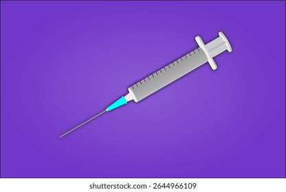 Realistic Medical Syringe with Blue Needle on Purple Background