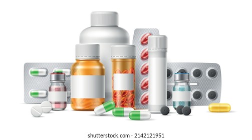 Realistic medications. Pill foil blisters and plastic bottles. Ampule with prescription drugs. Tablets and antibiotics. Different remedy package. Vitamins and painkillers