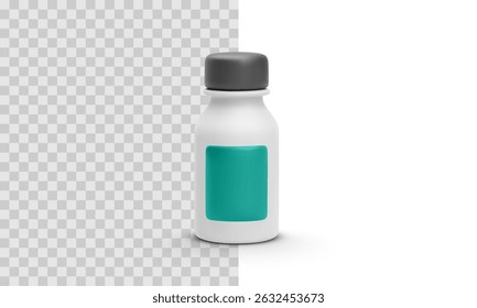 Realistic Medicine Bottle With Blank Green Label On Transparent And White Background. Minimal 3D Healthcare Packaging Design For Pills Or Liquid Drugs. Clean Style. Vector Illustration.