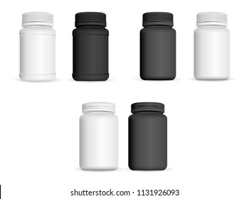 Realistic medicine bottles set. Pharmaceutical and healthy product mockup template. Black and white colour plastic jars for capsule, pills, vitamin. Vector illustration.