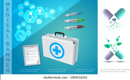 Realistic medicine colorful composition with notepad syringes broken capsules medical box and icons in hexagons vector illustration