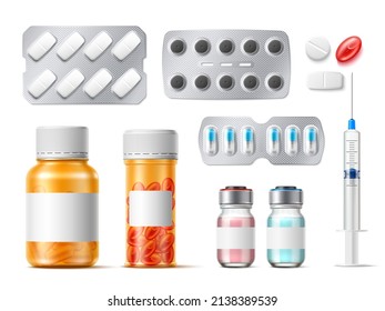 Realistic medicine pills bottles. Pharmaceutical containers with vitamins or drugs. Tablets in blisters. Syringe and ampoule. Painkiller capsules. Vector prescription