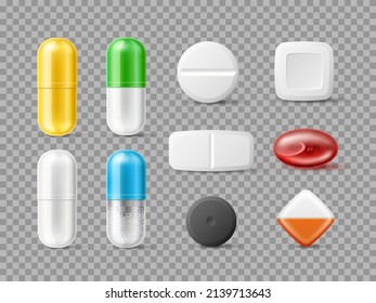 Realistic medicine pills. Different form dose vitamins and remedy. Painkiller and antibiotic capsules. 3d medicaments. Healthcare and pharmacy. Tablets shapes. Vector