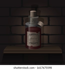 Realistic medieval bottle. Vector alchemy bottle with medicine. Wizardry elixir liquids with strange contents.