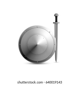 Realistic medieval viking shield with sword. 3d vector illustration.