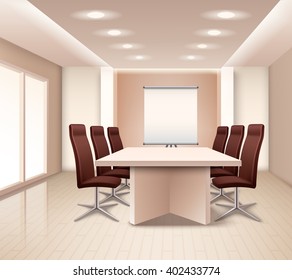 Realistic meeting room interior in pale rose color with table brown office armchairs and board vector illustration 