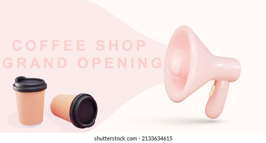 Realistic Megaphone. Announcement For Coffee Shop Grand Opening. Vector Illustration.