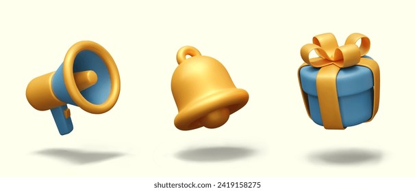 Realistic megaphone, bell, gift box tied with ribbon. Set of gold, blue vector objects with shadows