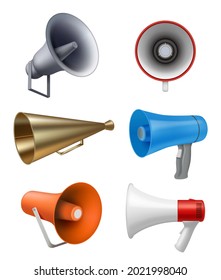 Realistic megaphone. Communication stuff for advertising talking symbols lifeguard loudspeakers noise alarm voice decent vector illustrations