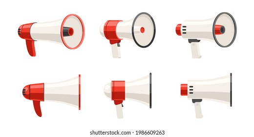 Altavoz megáfono realista configurado en una versión diferente. Amplificador de sonido de tornos para anuncio mensaje de noticias y propaganda diseño de afiches ilustración vectorial aislado en fondo blanco