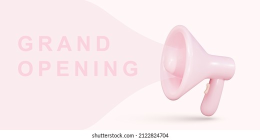 Realistic megaphone with pink bubble for social media marketing concept. Announcement for grand opening. Vector illustration.