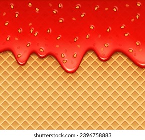 Realistic melt strawberry jam on wafer background of berry syrup splash, vector texture. Strawberry melt or red jelly sweet sauce flow on waffle pattern, candy and wafer dessert with berry jam flowing