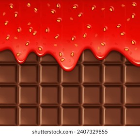 Mermelada realista de fresa en el fondo de la barra de chocolate. Postre dulce con fondo vectorial 3d de mermelada de berry natural o papel pintado. Cristal o jarabe de fresa líquido que fluye por la barra de chocolate