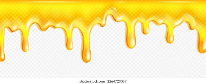 Realistic melted honey or oil flow isolated on transparent background. Vector illustration of yellow sweet sticky fluid substance splash dripping down surface. Natural food product. Seamless pattern