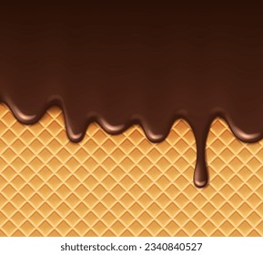 Realistic melting chocolate drip on wafer background. Vector delicious brown liquid sauce gracefully cascading on a waffle backdrop, enticing the senses and creating a mouthwatering visual treat