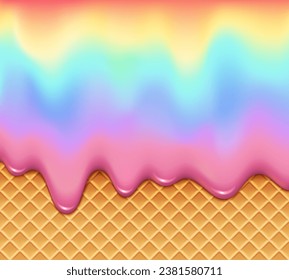 Realistic melting rainbow ice cream drip and wafer background, vector sweet dessert food. 3d pattern with waffle cone texture and dripping ice cream. Neon color frozen yogurt wavy flow and drops