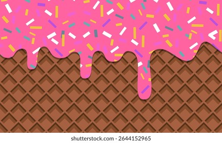 Realistic melting strawberry ice cream droplets with candy sprinkles on a chocolate wafer background