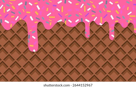 Realistic melting strawberry ice cream droplets with candy sprinkles on a chocolate wafer background