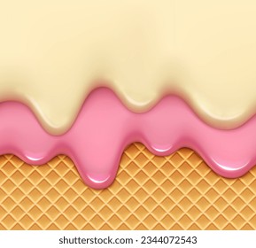 Fresa de fusión realista y helado de vainilla goteo en fondo de wafer. 3 d vidrio vectorial, yogur, jarabe líquido dulce en gofre. Borde crema brillante, textura fundida, glaseado fundido, caída de salsa dulce