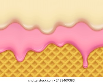 Realistic melting strawberry and vanilla ice cream drip on wafer background, vector berry dessert. Waffle with sweet milky flow or ice cream melt or vanilla and strawberry gelato on wafer background