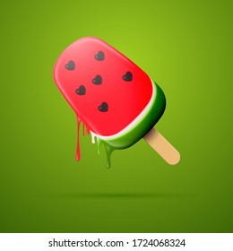 Realistic melting watermelon ice cream on a stick. Vector illustration.