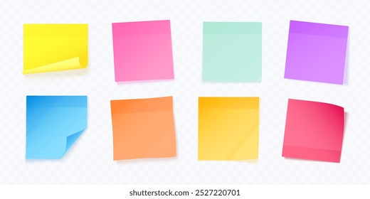 Realistic memo stickers. Colorful paper sticky reminder for office work notes organizing, post note sticker empty page business schedule notepaper set, exact vector illustration original artwork