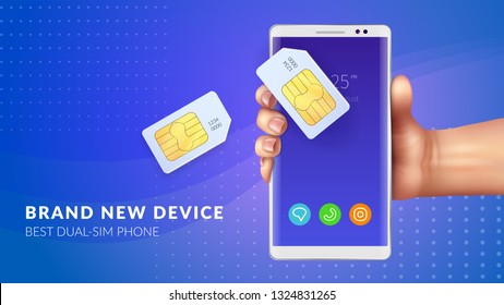 Realistic memory card sim background with brand new device best dual sim phone headline vector illustration