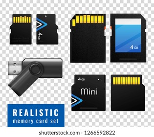 Realistic memory card transparent icon set with black isolated squares on white background vector illustration