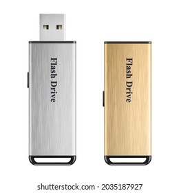 realistic Memory Stick, USB flash drive, portable storage device with retracting mechanism in metallic silver and gold case