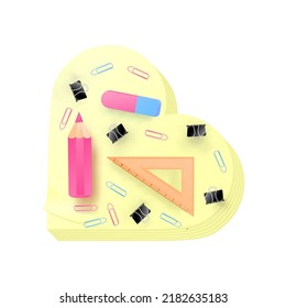Realistic memory stickers notebook, with eraser, clips, ruler and pink colour pencil. School supplies vector design.