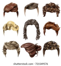 Realistic men hairstyle set with nine isolated images for hair of different length and colour vector illustrations