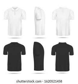 Realistic men's polo shirt mockup set in white and black color from front, back and side view. Male fashion T-shirt with collar and buttons - isolated vector illustration