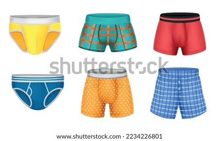 Realistic mens underpants set with boxers briefs trunks of different colors isolated vector illustration