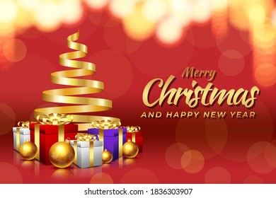 Realistic Merry Christmas background with balls, gift box, and tree