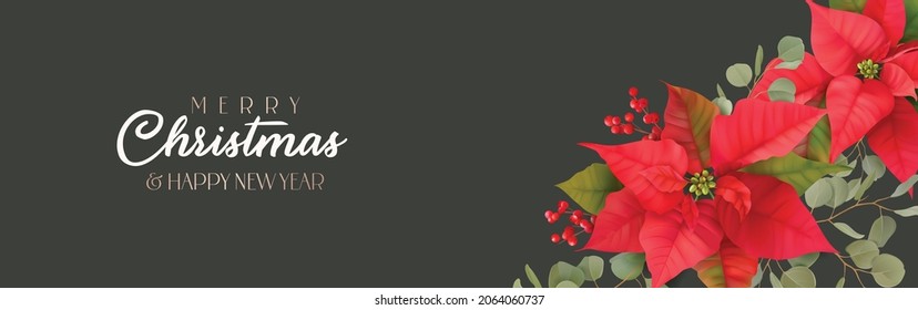 Realistic Merry Christmas Banner. Happy New Year vector flyer. Xmas realistic Poinsettia flower poster. Floral bouquet 3d design. Holiday brochure, header for website, greeting card