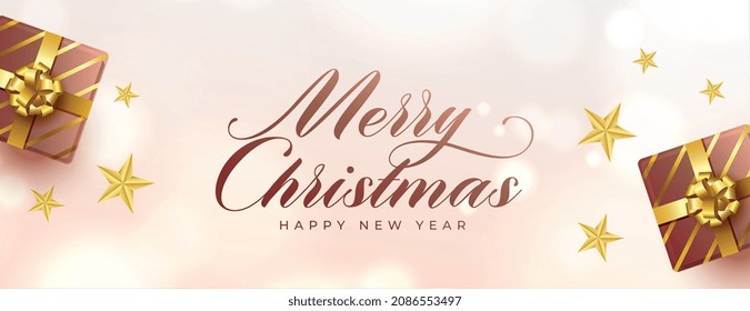 realistic merry christmas festival background with gift boxes and stars