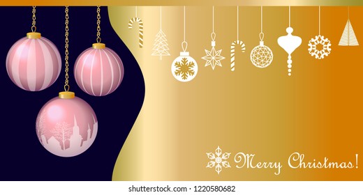 Realistic Merry Christmas greeting card. Minimal design with Xmas balls and other decorative golden elements. Fir trees, gift boxes, gingerbread, snowflakes. On black background.
