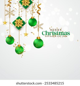 Realistic Merry Christmas and Happy New Year holiday poster design with ribbon, snow, ball, star, and ribbon. Hanging Christmas ball design with white color background and bokeh effect. 