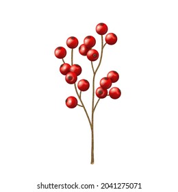 Realistic Merry Christmas holly berries on ilex branch, mistletoe icon isolated on white background. Vector illustration. Happy New year holiday celebration symbol.